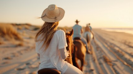 A group of people rides horses on a sandy beach during a beautiful sunset, creating a serene and picturesque moment that evokes a sense of freedom, adventure, and tranquility.