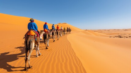 A group of travelers on camels form a caravan traversing through the expansive desert sand dunes under a clear blue sky, representing adventure and unity in an epic journey.