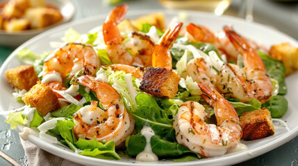 Caesar salad topped with grilled shrimp, croutons, and a zesty Caesar dressing, on a white plate