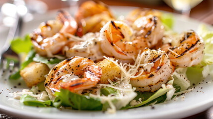 Caesar salad topped with grilled shrimp, croutons, and a zesty Caesar dressing, on a white plate