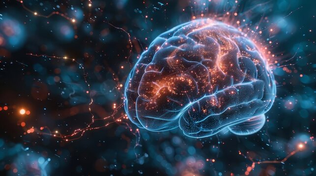 Digital representation of neural network and synaptic connections in a human brain, illustrating complex neural processes and brain activity.