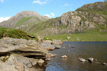 Llyn Idwal looking towards Tryfan mountain peak, also known as The Devil’s Kitchen is a glacial...