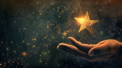A hand reaches out to grasp a glowing star against a dark, glittering background.  The image represents hope, faith, and dreams.