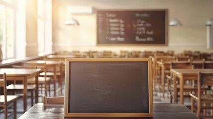 "Cozy Cafe Vibes: Blank Chalkboard Sign in Front of a Relaxing Cafe Sofa"