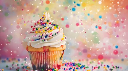 A single cupcake with white frosting and colorful sprinkles against a vibrant, blurred background.