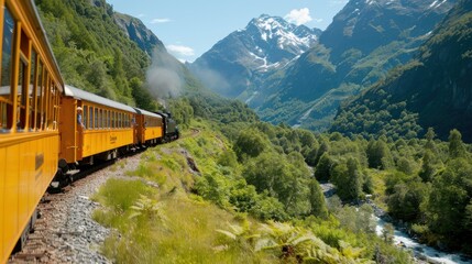 A bright yellow train winds through a lush, green mountain valley, showcasing a serene and picturesque landscape with clear skies and distant snow-capped peaks.