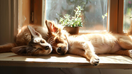 Cat and dog lying side by side on a sunny windowsill, both asleep