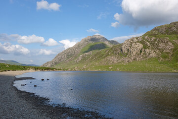 Llyn Idwal looking towards Tryfan mountain peak, also known as The Devil’s Kitchen is a glacial...