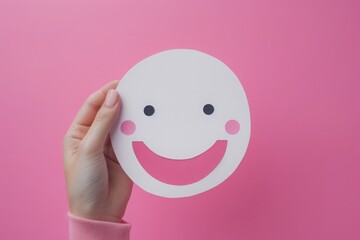 Hand holding white paper cut happy smile face on pink  background, positive thinking, mental health assessment, world mental health day concept
