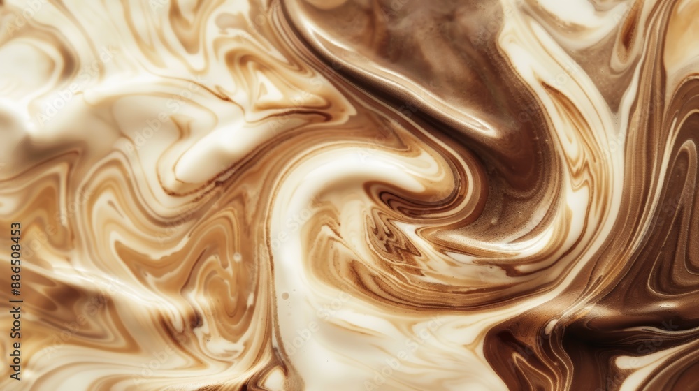 Poster mesmerizing and artistic liquid chocolate and milk blending to create a delectable and abstract patt