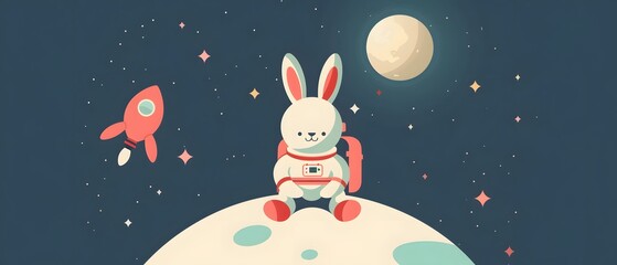 Fototapeta premium Cute bunny astronaut sitting on the moon with a rocket in the background.