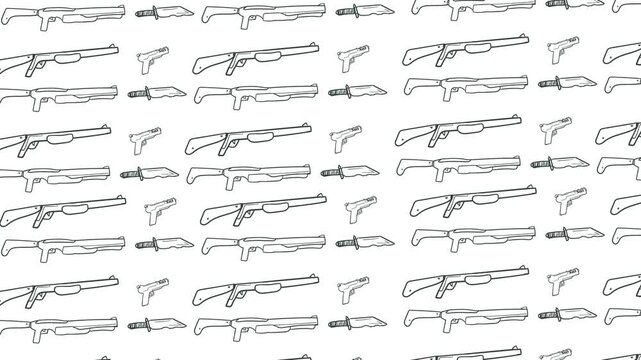 Weapon animation in the form of guns, rifles, pistols and daggers moving across the screen.