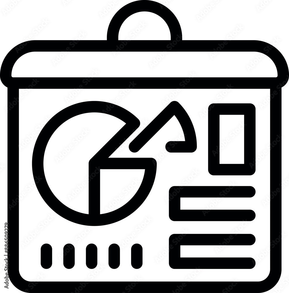 Poster simple line icon of a presentation board showing a pie chart and other data analysis elements