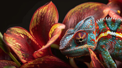 Fototapeta premium Chameleon blending with a flower in stunning close-up, highlighting its camouflage abilities