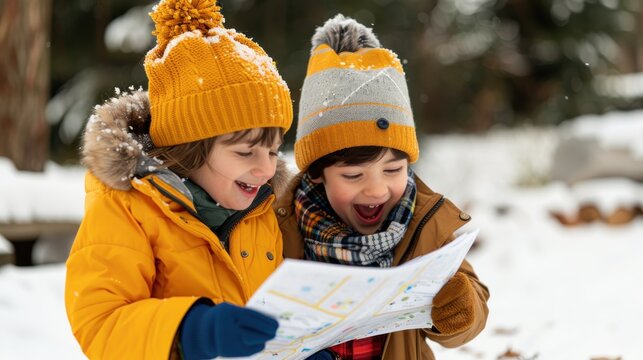 Two kids wearing warm winter coats and hats study a map in a snowy landscape, emphasizing exploration, adventure, and the joys of outdoor activities during the winter season.