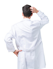 Young professional scientist man wearing white coat over isolated background Backwards thinking...