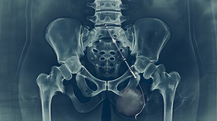 X-Ray of a Hip Replacement: X-ray image of a human hip with a replacement prosthetic, showing metal components.
