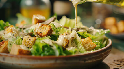 Classic Caesar salad with romaine lettuce, anchovies, croutons, and a generous drizzle of Caesar dressing