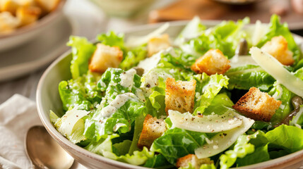 Classic Caesar salad with romaine lettuce, anchovies, croutons, and a generous drizzle of Caesar dressing