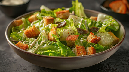 Classic Caesar salad with romaine lettuce, anchovies, croutons, and a generous drizzle of Caesar dressing