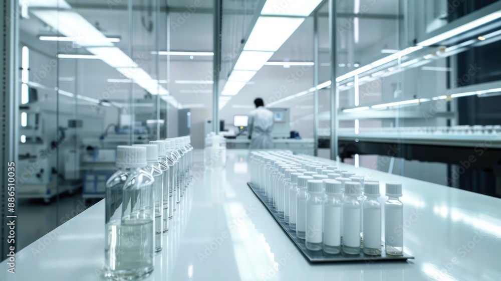 Poster a modern laboratory setting with rows of sterile medical bottles being capped and sealed by automate
