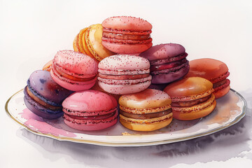 A charming watercolor illustration of a stack of colorful macarons, each macaron painted with vibrant shades and placed neatly on a white porcelain plate