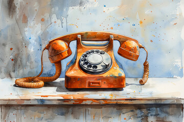 A charming watercolor illustration of a vintage telephone, with a rotary dial and curled cord, placed on a polished white wooden desk