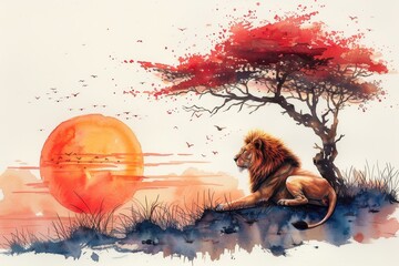 A gentle watercolor illustration of a majestic lion resting under the shade of an acacia tree on the African savannah, with warm sunset hues in the background