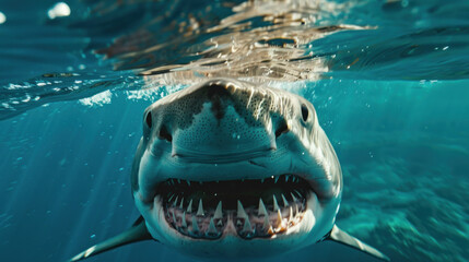 Fototapeta premium Close-up bottom view of a shark's toothy grin, with the clear blue ocean above