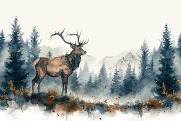 A majestic stag standing in a misty forest, painted with delicate watercolor layers, in the style of watercolor art, white background