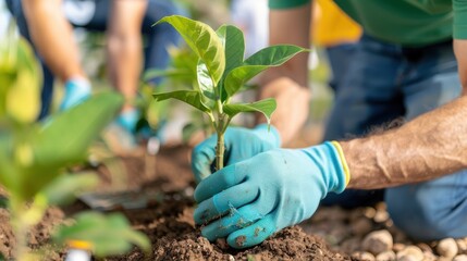 This image features an individual wearing blue gardening gloves. They are planting a young green sapling into the soil, symbolizing growth and environmental care during sunny weather.