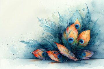 A serene watercolor illustration of a cluster of feathers a mix of peacock and soft dove feathers delicately arranged on a smooth white surface