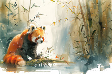 A playful watercolor illustration of a pair of red pandas frolicking among bamboo shoots in a lush forest setting, with dappled sunlight filtering through the canopy