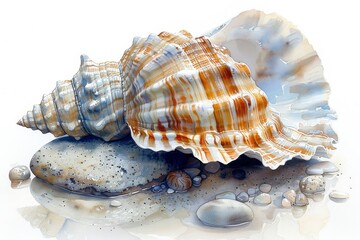 A serene watercolor illustration of a delicate seashell, with intricate patterns and pearlescent hues, resting on a smooth white beach pebble