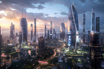 Naklejka premium Sunset Over the Futuristic Metropolis