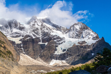 Impressive morning light on a hike up to Mirador Frances and Brittanico in Torres Del Paine national park, Patagonia, Chile.