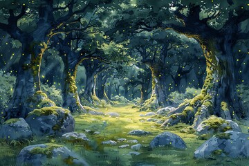 A serene watercolor illustration of a peaceful forest glade illuminated by the soft glow of fireflies, with ancient trees and moss-covered rocks creating a mystical atmosphere