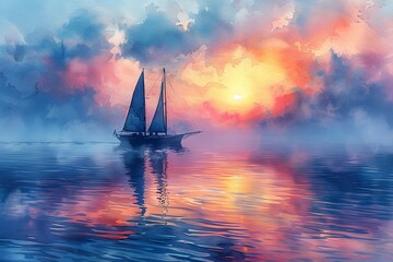 A tranquil watercolor illustration of a lone sailboat gliding across a glassy lake at sunrise, with soft pastel colors reflecting in the calm waters