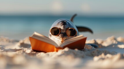 Obraz premium A seal, adorned with cool sunglasses, enjoys reading a book while lying on the sandy beach. The background reveals sparkling ocean waves and a clear, sunny day.