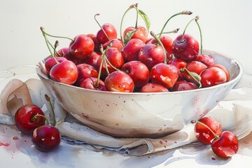 A vibrant watercolor illustration of a bowl of freshly picked cherries, with glossy red and plump fruits, arranged on a simple white kitchen towel