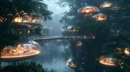 A futuristic treehouse resort nestled in a lush rainforest canopy. Sleek pods with curved glass walls suspended between ancient trees. Walkways of transparent material connect the structures.