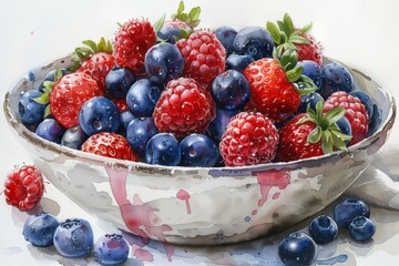 A vibrant watercolor illustration of a bowl of ripe, juicy summer fruits strawberries, blueberries, and raspberries arranged artfully on a pristine white linen napkin