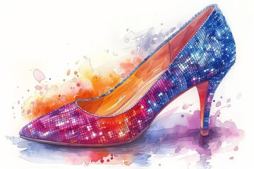 A vibrant watercolor illustration of a pair of elegant high-heeled shoes, with shimmering sequins and delicate straps, displayed against a plain white background