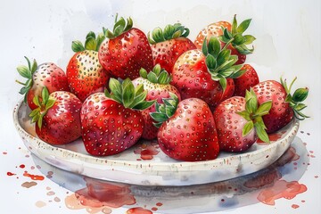 A vibrant watercolor illustration of a cluster of ripe strawberries, with juicy red fruits and green leaves, arranged beautifully on a clean white porcelain plate