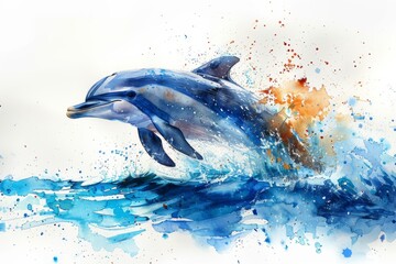 A vibrant watercolor illustration of a playful dolphin leaping out of crystal-clear ocean waters, capturing the dynamic movement and serene beauty of marine life