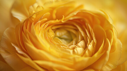 Close-up macro shot of a yellow ranunculus flower, showcasing its delicate petals
