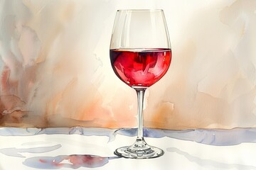 An elegant watercolor illustration of a crystal wine glass, filled with deep red wine, reflecting light and shadows on a plain white linen tablecloth