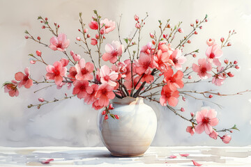 An elegant watercolor illustration of a bouquet of delicate cherry blossoms, with soft pink petals and slender branches, placed gracefully on a pristine white porcelain vase