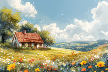 An enchanting watercolor illustration of a cozy cottage nestled among rolling hills, surrounded by blooming wildflowers and a clear blue sky with fluffy white clouds