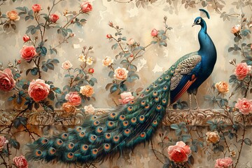 An elegant watercolor illustration of a regal peacock perched on a garden wall adorned with blooming roses, its iridescent feathers catching the light